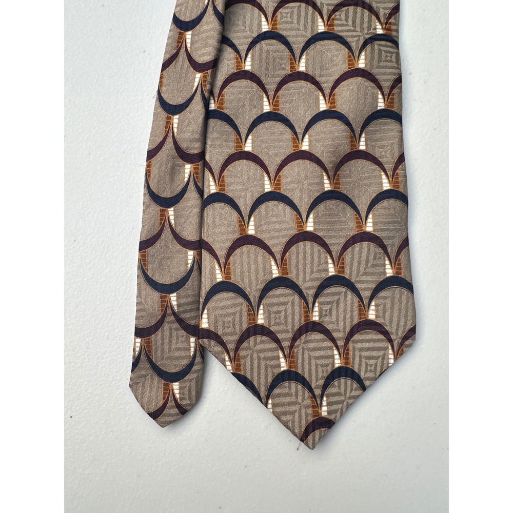 Bill Blass Black Label Mens Silk Tie Taupe Navy Burgundy Art Deco Geometric 57in